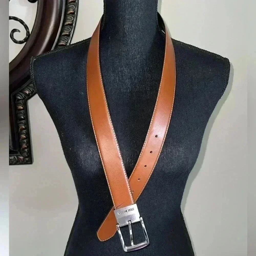 Steve Madden Men’s Dress Black Tan Reversible Belt Silver Tone Buckle NWOT